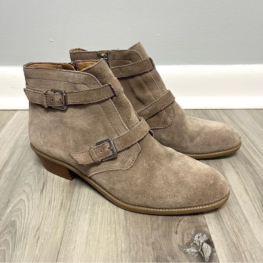 Franco Sarto Booties Women’s 7.5 Rynn Tan Suede Leather Double Buckle Ankle
